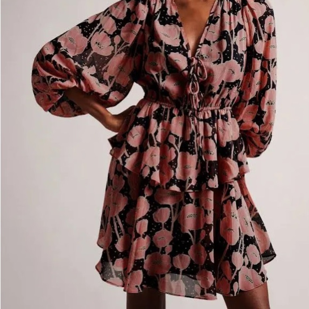 Ted Baker size 1 never worn. V neck Priana dress in black and pink poppies.